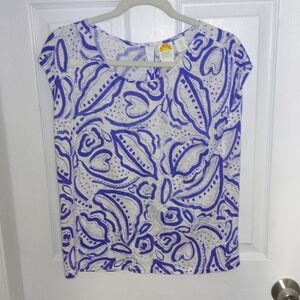 California 100% Linen White & Blue Floral Summer Flowy Beach Tunic Top M Button